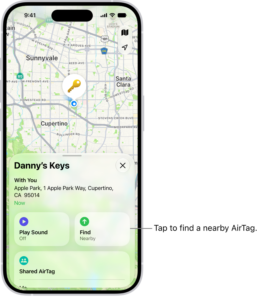 The Find My app open, showing Danny’s keys in Golden Gate Park. Tap the Find button to locate a nearby AirTag.