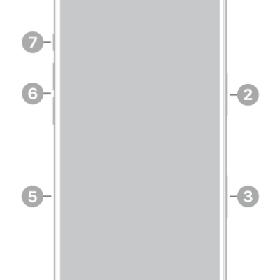 The front view of iPhone 18 Pro. The front camera is at the top center. The side button is on the right side. The USB-C connector is on the bottom. On the left side, from bottom to top, are the SIM tray, the volume buttons, and the Action button.