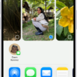 A selected photo is displayed in the top half of the iPhone screen, with a row of share options below. Additional options appear below those, including Copy Photo, Add to Shared Album, Add to Album, and Use as Wallpaper.