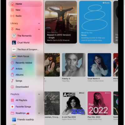 The Music app open on iPad showing the sidebar on the left and albums on the right. The MiniPlayer is at the bottom.