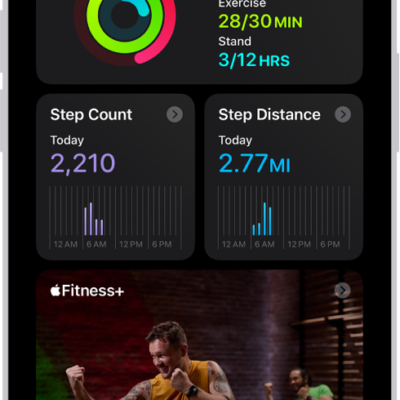 The Summary screen in Fitness, showing the Activity Rings, Step Count, Step Distance, and Trends areas.