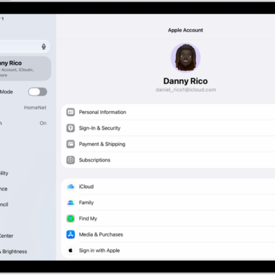 The Apple Account Settings shown with a list of options including—personal information, subscriptions, Find My, and more.