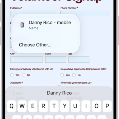 A fillable PDF form showing an AutoFill suggestion for the name and phone fields.