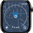 The Maps app with a circle around the current location, representing a five-minute walking radius.