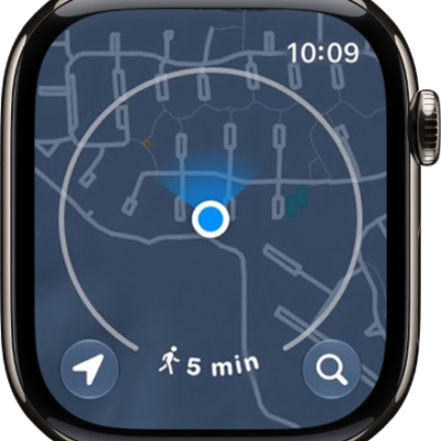 The Maps app with a circle around the current location, representing a five-minute walking radius.