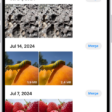 The Duplicates screen, showing duplicate photos next to each other. On the right side of the screen are Merge buttons to merge each pair of duplicate photos.