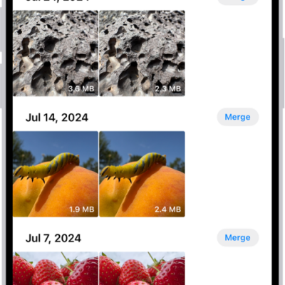 The Duplicates screen, showing duplicate photos next to each other. On the right side of the screen are Merge buttons to merge each pair of duplicate photos.