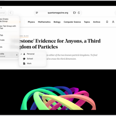 In Safari, the Tab Group menu is open. At the bottom of the menu, Profile is selected, and a menu shows the options Personal, School, and Work.