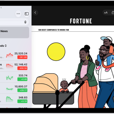 A business-related article from Apple News in the Stocks app. At the top-left corner of the article is the Back button to return to the other suggested stories. At the top-right corner are the Text Size, Share, Save, and More Actions buttons.