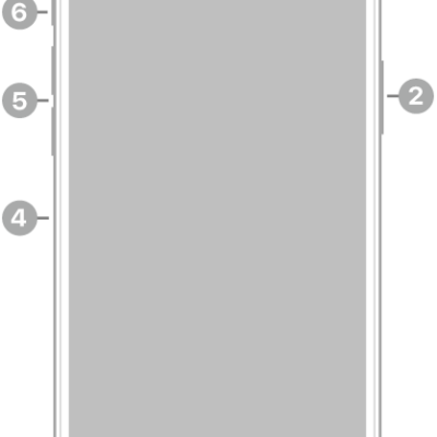 The front view of iPhone 13 Pro Max. The front camera is at the top center. The side button is on the right side. The Lightning connector is on the bottom. On the left side, from bottom to top, are the SIM tray, the volume buttons, and the Ring/Silent switch.