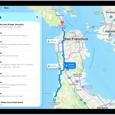A map showing three options for routes and a detailed list of steps to get to a destination with the fewest turns.