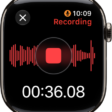 The Voice Memos app in the midst of recording a memo. A red Stop button is in the middle. Below is the recording's elapsed time. The word Recording appears at the top right.