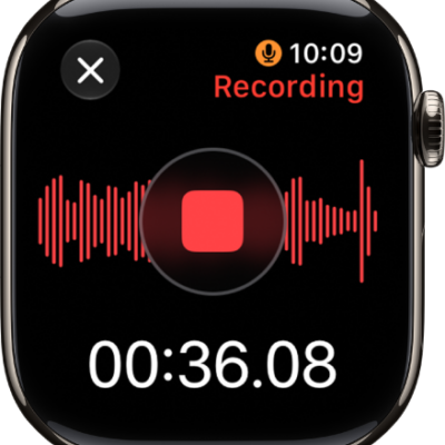 The Voice Memos app in the midst of recording a memo. A red Stop button is in the middle. Below is the recording's elapsed time. The word Recording appears at the top right.