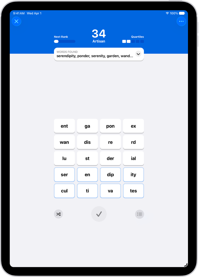 A Quartiles puzzle in the News app.