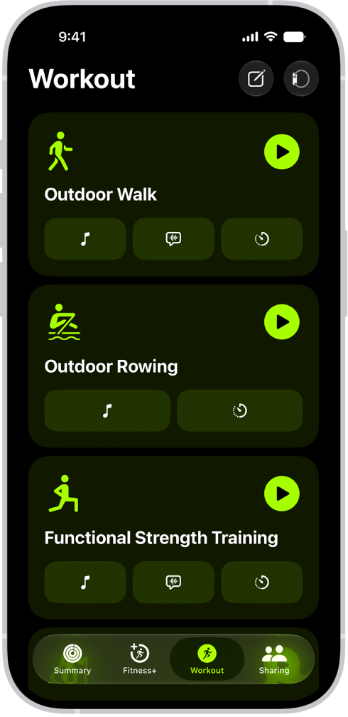The Fitness workout screen showing three workout types. Buttons to log a workout and connect a heart rate monitor are at the top of the screen.