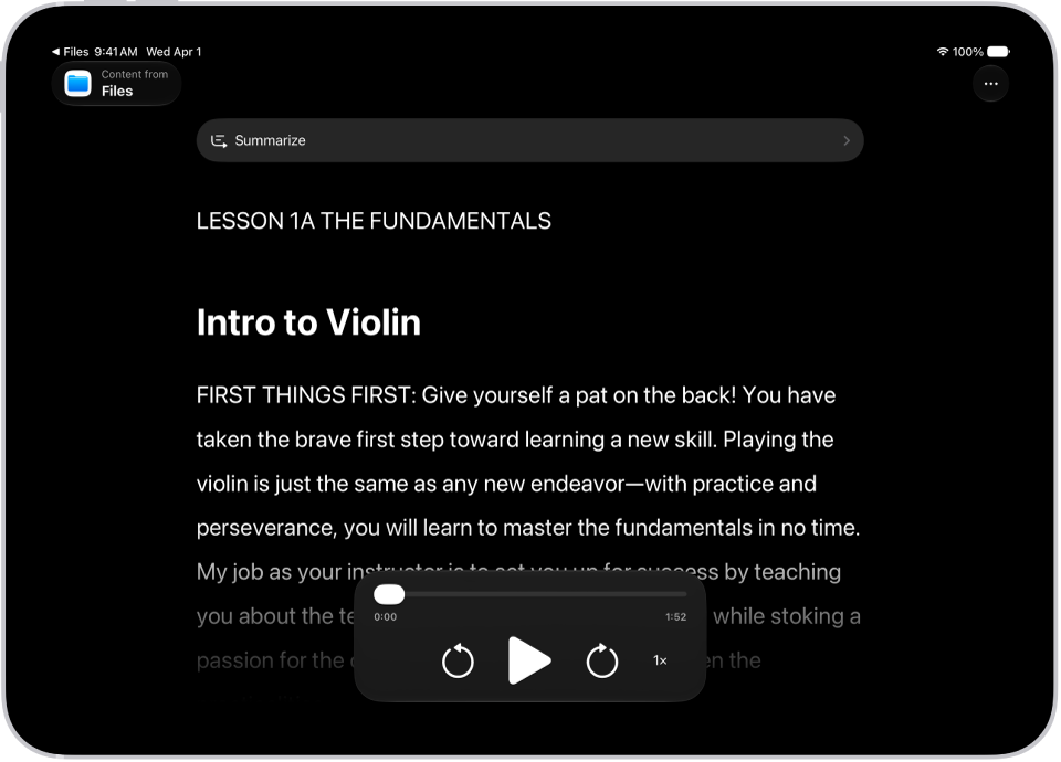 The Accessibility Reader screen showing content from Files in white text on a black background.