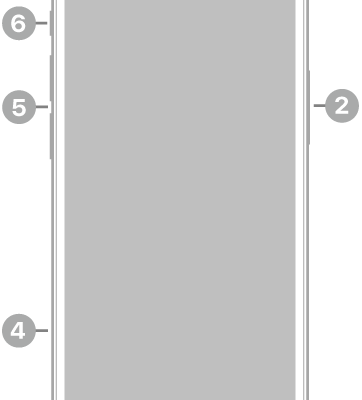 The front view of iPhone 13 mini. The front camera is at the top center. The side button is on the right side. The Lightning connector is on the bottom. On the left side, from bottom to top, are the SIM tray, the volume buttons, and the Ring/Silent switch.