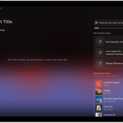 Playlist Playground open in Apple Music, showing the title field, the Add Songs button, and a search field with playlist suggestions below it.