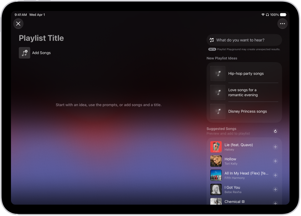 Playlist Playground open in Apple Music, showing the title field, the Add Songs button, and a search field with playlist suggestions below it.