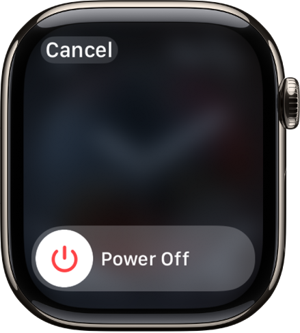 The Apple Watch screen showing the Power Off slider. Drag the slider to turn off Apple Watch.