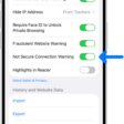 The Not Secure Connection Warning control, located below Privacy & Security on the Safari screen in Settings.