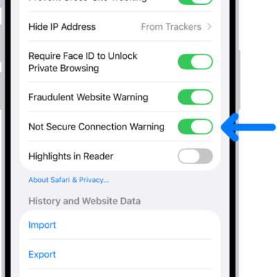 The Not Secure Connection Warning control, located below Privacy & Security on the Safari screen in Settings.