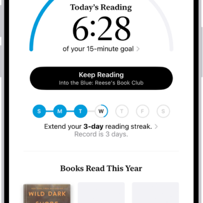 The Reading Goals screen showing stats for the user—such as today's reading, their reading record for the week, and their books read this year. Across the bottom are the tabs Home (which is selected), Library, Book Store, Audiobooks, and Search.