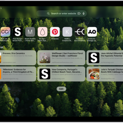 The Safari start page shown with sections for Favorites and the Reading List. Along the top, from left to right, are the Sidebar button, the Previous button, the search field, the Share button, the New Tab button, and the Tab Overview button.