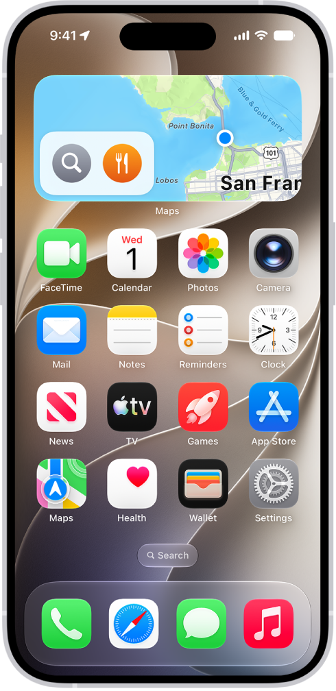 The Maps widget, other widgets, and app icons on an iPhone Home Screen.