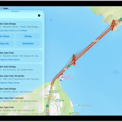 The Maps app showing a map of a downtown area. On the left is the search field, categories for nearby services, City Guides, and recommended guides.