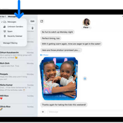 A conversation list in Messages. All messages are shown, because no filter is selected in the Filter menu.