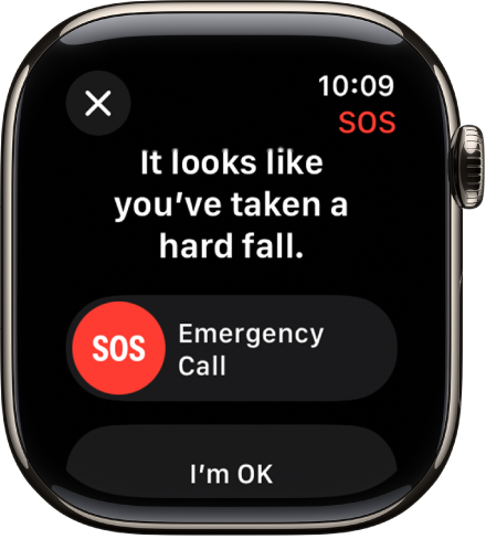 The Fall Detection screen showing the SOS slider to start an emergency call and the I’m OK button.