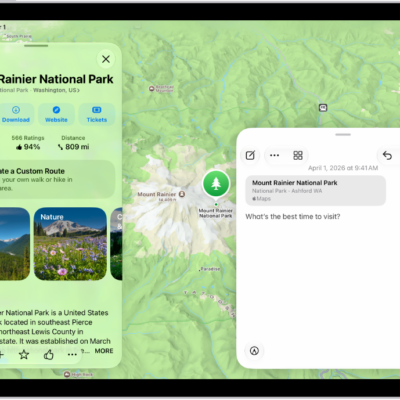 A Quick Note in a window overlay over a map of Mount Rainier National Park. The note has a link to the map, a photo, and text.