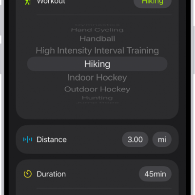 A screen in the Fitness app showing a logged workout. Metrics for the distance traveled, duration, date, and active calories burned appear below the list of workouts.