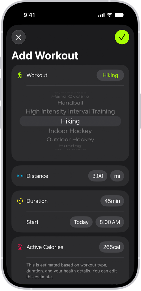 A screen in the Fitness app showing a logged workout. Metrics for the distance traveled, duration, date, and active calories burned appear below the list of workouts.