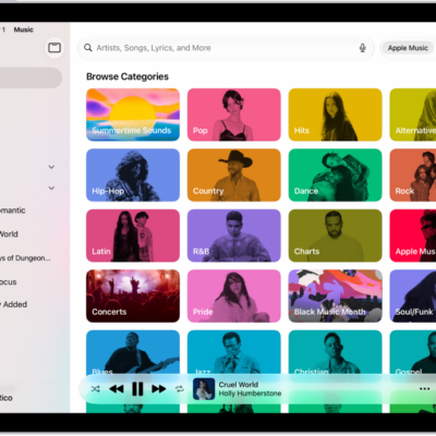 The Search tab showing the sidebar at the left and a search field at the top. Below the search field, various categories of music appear. The MiniPlayer is at the bottom.
