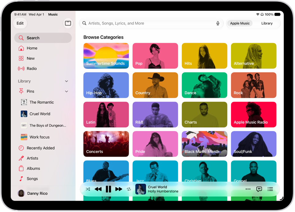 The Search tab showing the sidebar at the left and a search field at the top. Below the search field, various categories of music appear. The MiniPlayer is at the bottom.