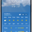 The Weather app showing, from top to bottom: the location, current temperature, the high and low temperatures for the day, hourly forecast, and the first few days of a 10-day forecast. A row of dots at the bottom center represent other locations in the location list. At the bottom-right corner is the Location List button and at the bottom-left corner is the Show Map button.