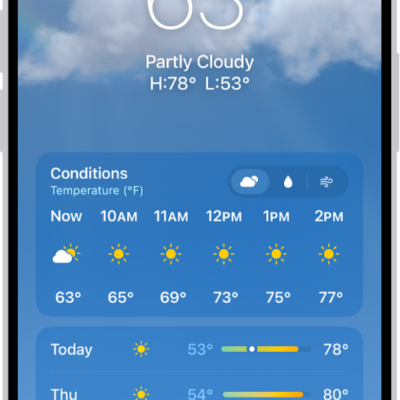 The Weather app showing, from top to bottom: the location, current temperature, the high and low temperatures for the day, hourly forecast, and the first few days of a 10-day forecast. A row of dots at the bottom center represent other locations in the location list. At the bottom-right corner is the Location List button and at the bottom-left corner is the Show Map button.