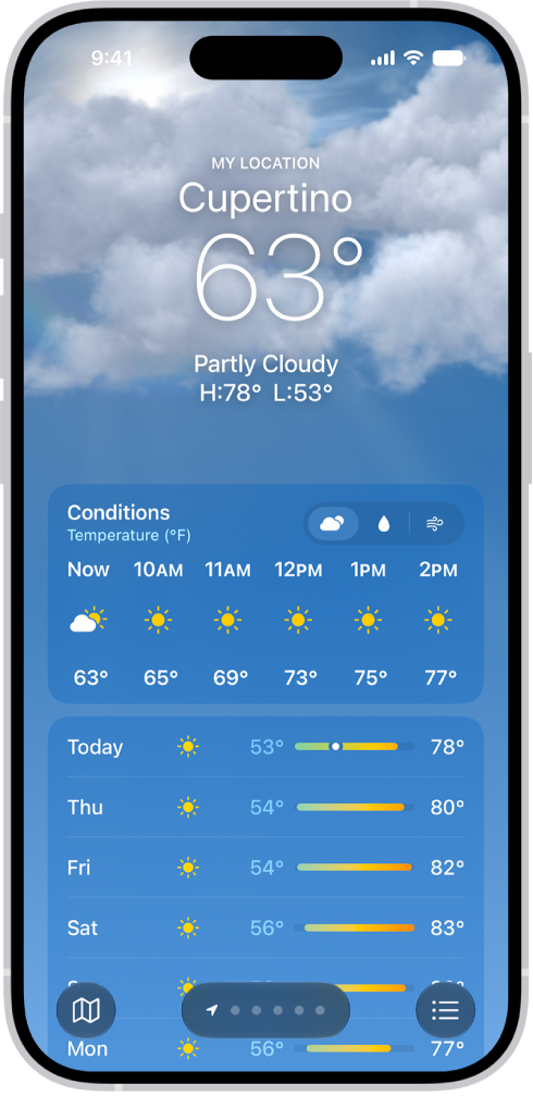 The Weather app showing, from top to bottom: the location, current temperature, the high and low temperatures for the day, hourly forecast, and the first few days of a 10-day forecast. A row of dots at the bottom center represent other locations in the location list. At the bottom-right corner is the Location List button and at the bottom-left corner is the Show Map button.