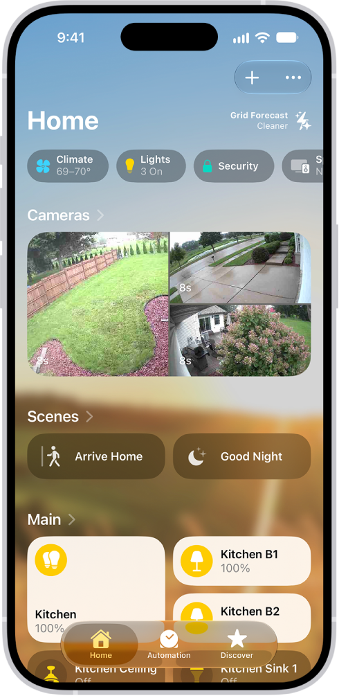 The Home tab showing, from top to bottom, four categories, two scenes, three camera views, and the status of one room. Across the bottom are the tabs Home (which is selected), Automation, and Discover.