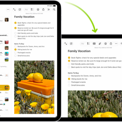 In the background, iPad displays a Notes screen in portrait orientation; in the foreground, iPad is rotated and shows the Notes screen in landscape orientation.
