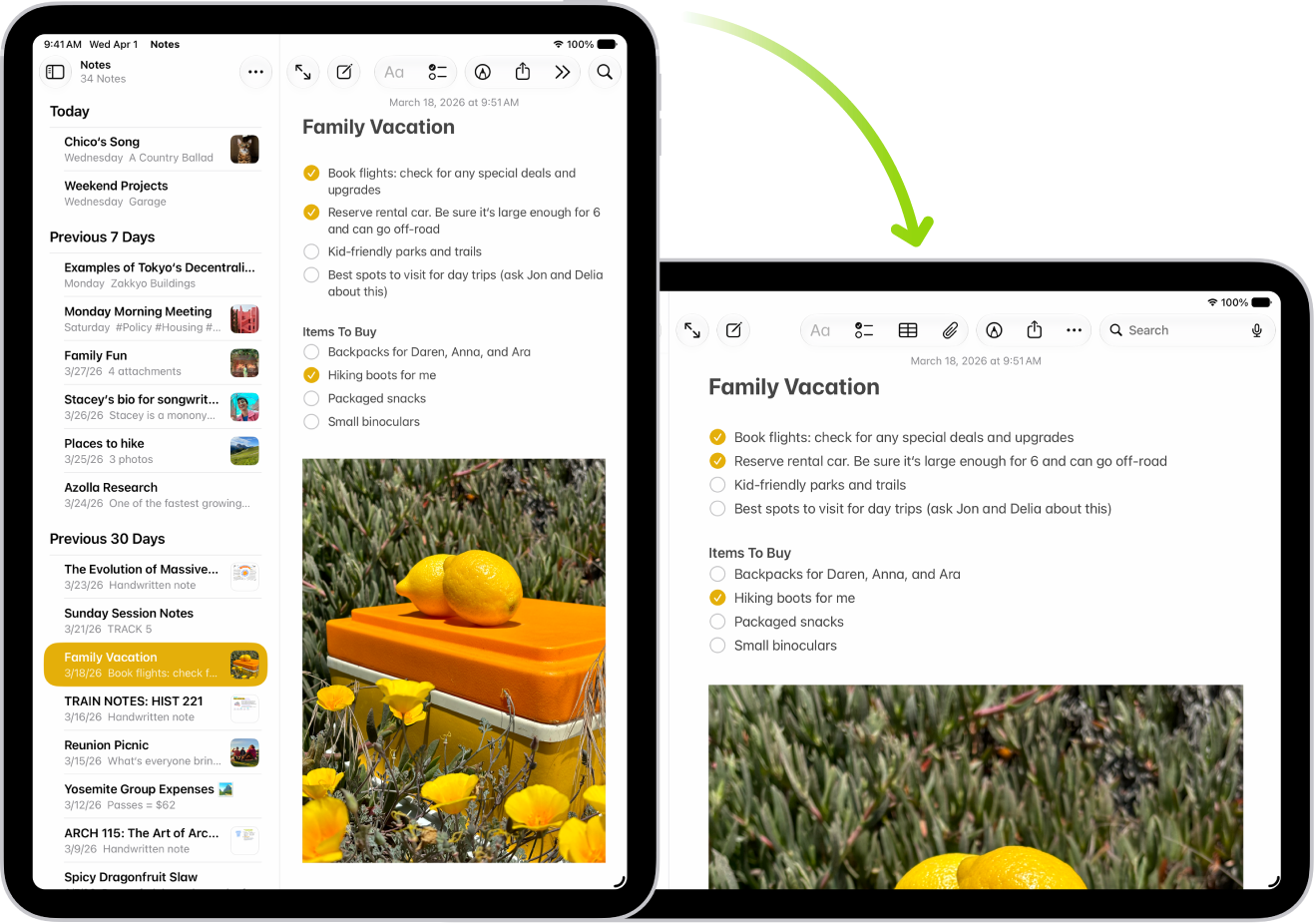 In the background, iPad displays a Notes screen in portrait orientation; in the foreground, iPad is rotated and shows the Notes screen in landscape orientation.