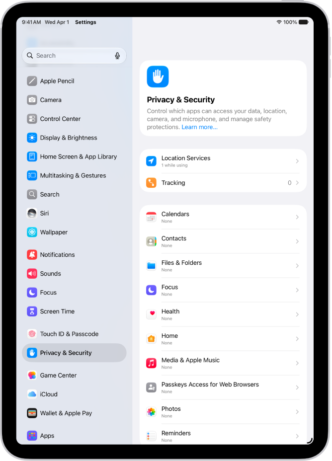 The Privacy & Security screen, with settings for Location Services and Tracking, and settings to control which apps can access your data.