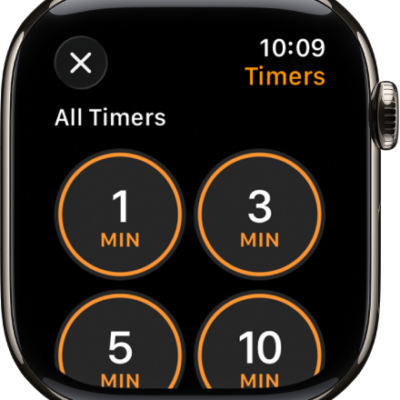 The Timer app screen, showing the add button to create a new timer, and quick timers for 1, 3, 5, or 10 minutes.