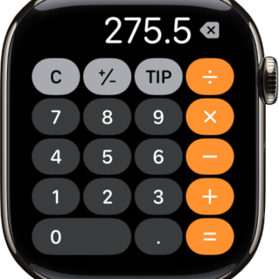 Apple Watch showing the Calculator app. The screen shows a typical number pad with math functions on the right. Along the top are the C, plus or minus, and Tip buttons.