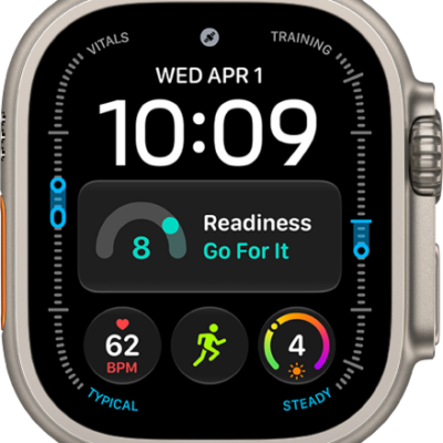 The Modular Ultra watch face showing elevation on the left and right (feet on the left and meters on the right), Music, Compass, and Compass Waypoints complications along the top, a digital clock below, a Compass Heading complication in the middle, and the Messages, Sunrise, and Workout complications near the bottom. At the very bottom is the current elevation.