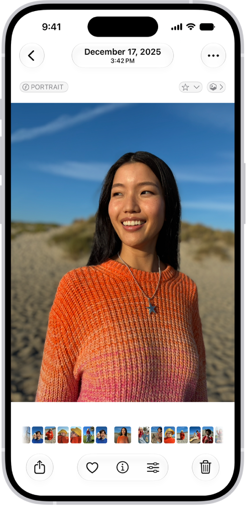 An open photo with thumbnails of other photos across the bottom of the screen. At the top left is a Back button to go back to browsing.