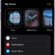 The Apple Watch app on iPhone open to the My Watch screen, which shows your watch faces near the top and settings below. There are three tabs at the bottom of the Apple Watch app screen: the left tab is My Watch, where you go for Apple Watch settings; next is the Face Gallery, where you can explore available watch faces and complications; then Discover, where you can learn more about Apple Watch.