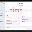 The Cycle Tracking screen showing the timeline for a week at the top of the screen. Solid red circles and purple dots mark the first 5 days on the timeline. Below the timeline are options to add information about periods, symptoms, and more.